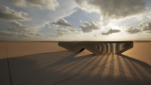 Banco paramétrico render en paisaje árido - banco paramétrico madera CNC para espacios exteriores TOVARNA